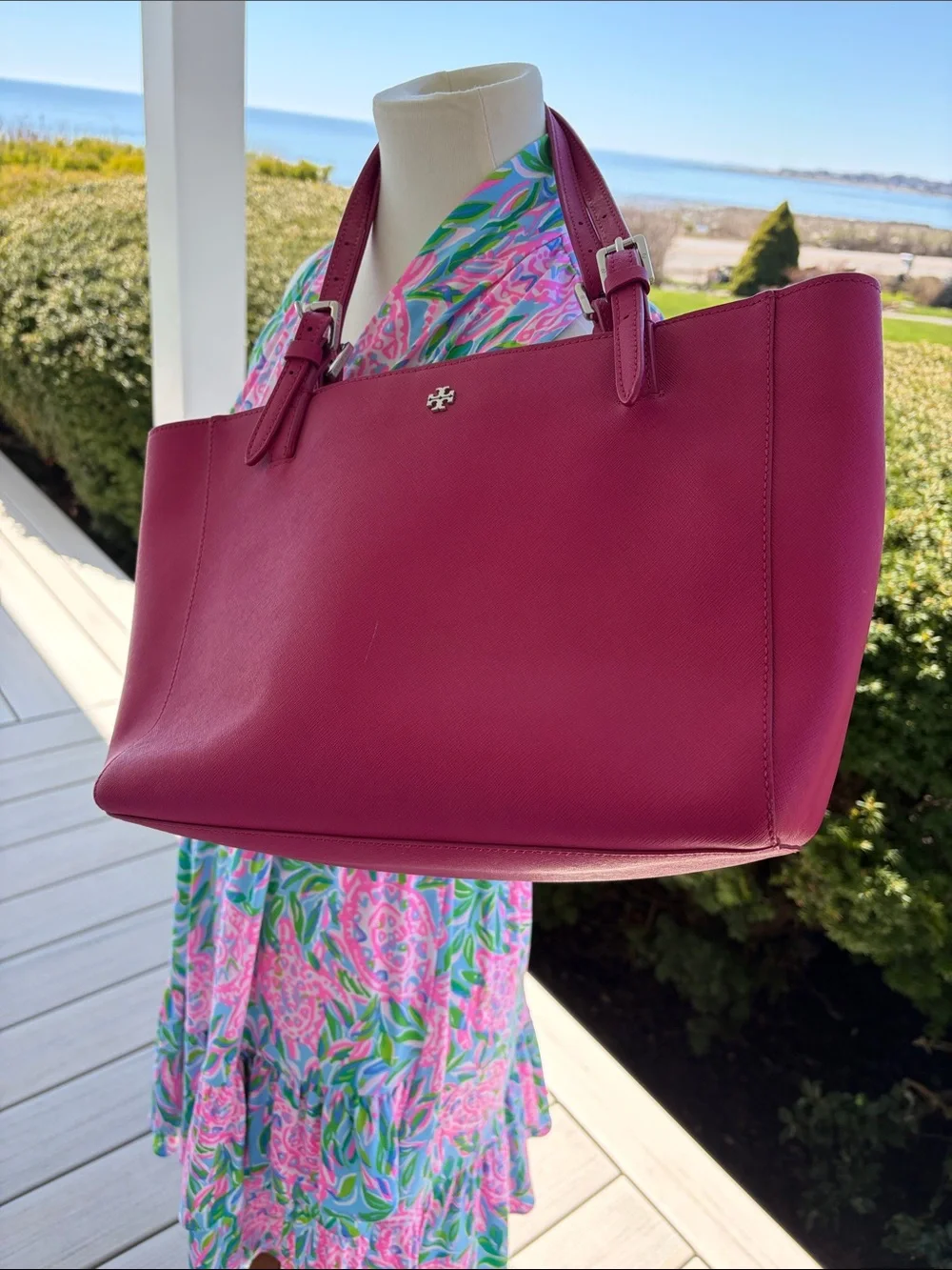 Tory Burch Magenta Leather Tote with Double Straps - Picture 1 of 16